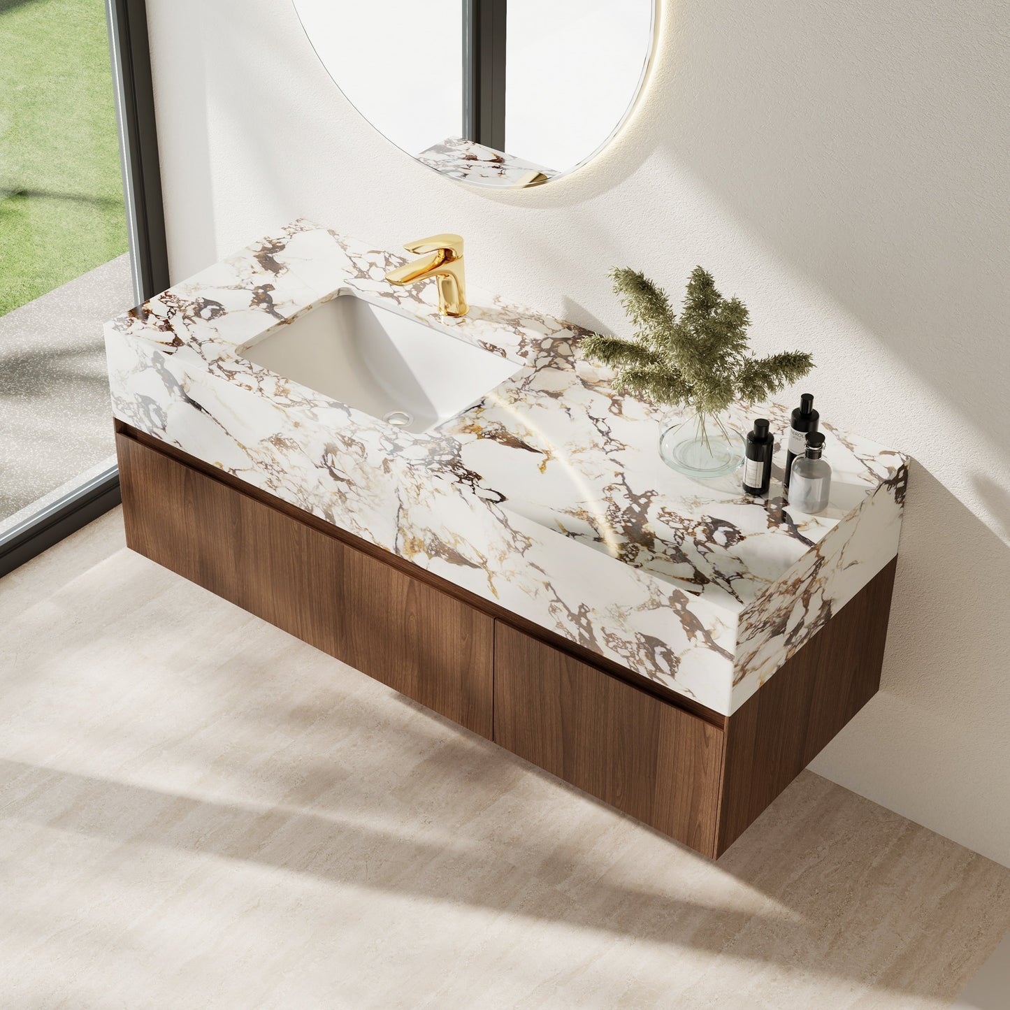 Mobile bagno singolo moderno da 48'', con piano in finto marmo lucido, legno massello