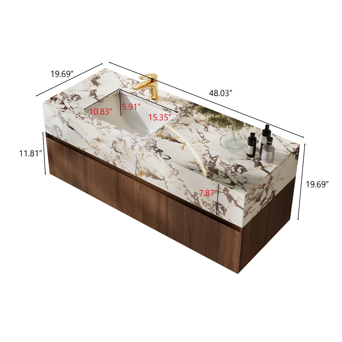 Mobile bagno singolo moderno da 48'', con piano in finto marmo lucido, legno massello
