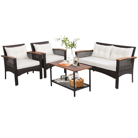 Set di 4 mobili da giardino in rattan e legno di acacia con cuscini, divano, braccioli e terrazza