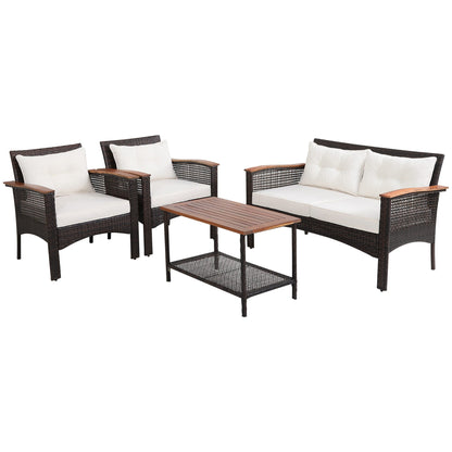Set di 4 mobili da giardino in rattan e legno di acacia con cuscini, divano, braccioli e terrazza