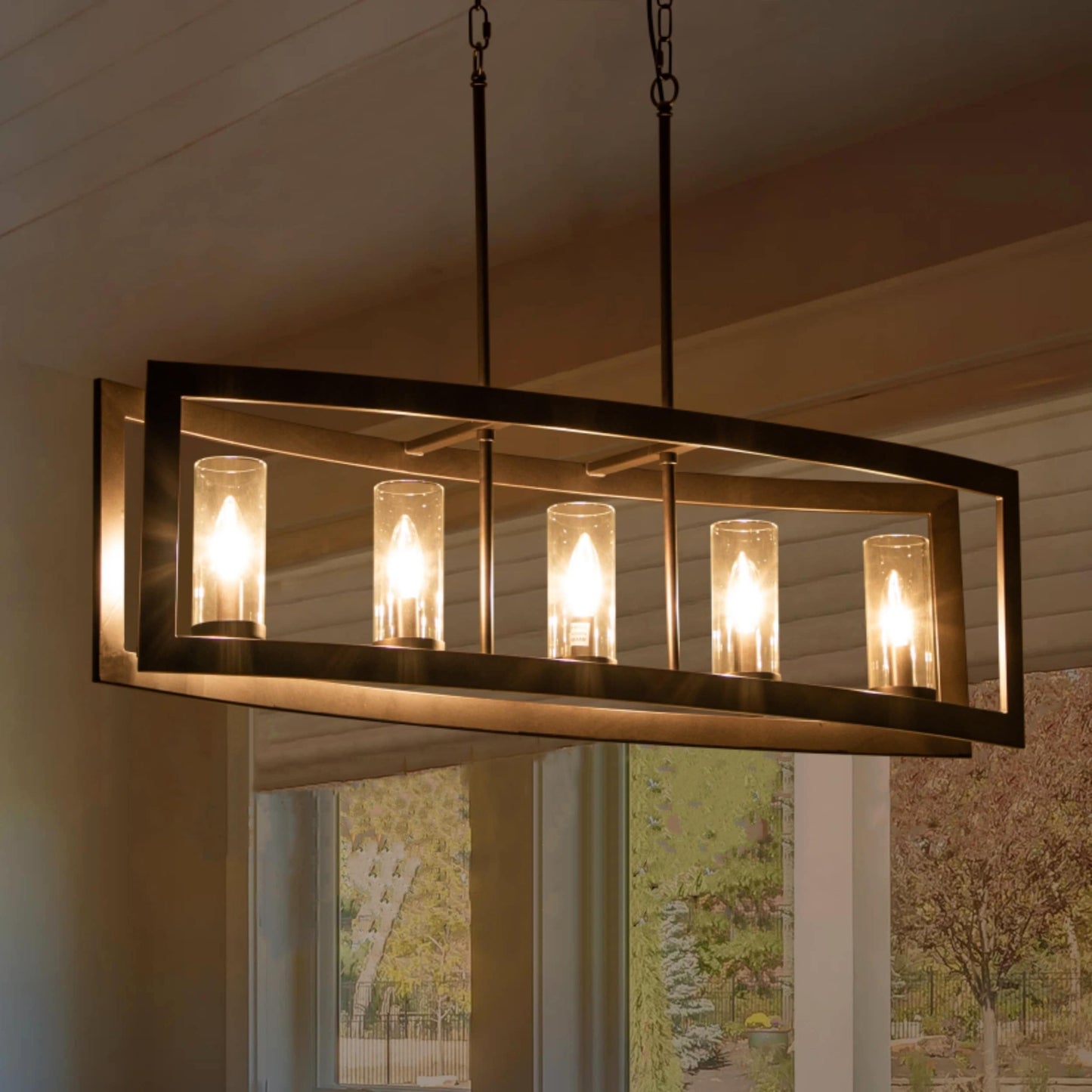Lampadario lineare industriale moderno a 5 luci per sala da pranzo, lampadario cilindrico in vetro trasparente, luci per isola cucina
