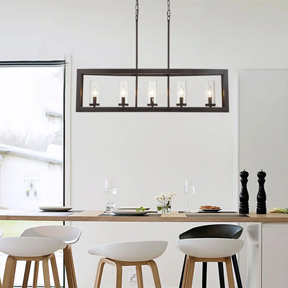 Lampadario lineare industriale moderno a 5 luci per sala da pranzo, lampadario cilindrico in vetro trasparente, luci per isola cucina