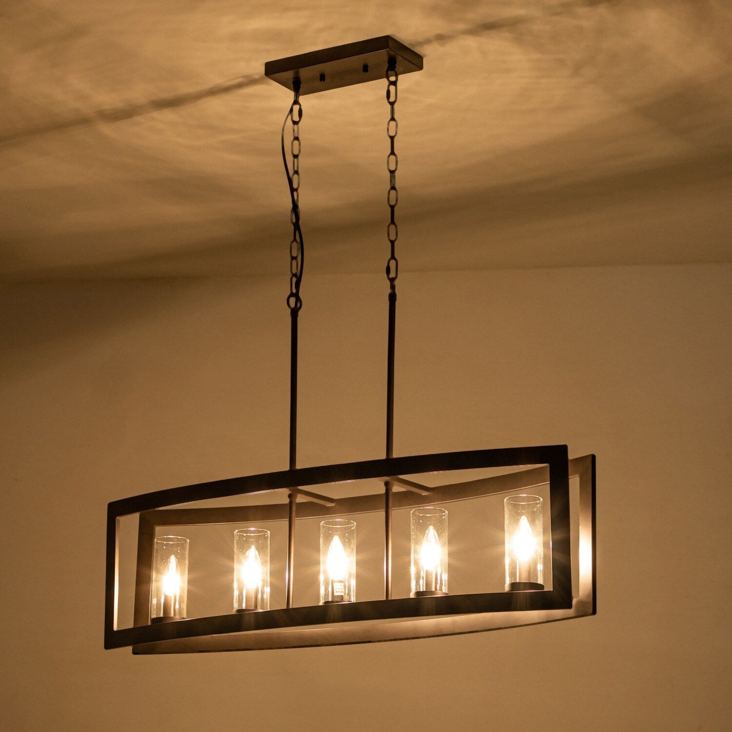 Lampadario lineare industriale moderno a 5 luci per sala da pranzo, lampadario cilindrico in vetro trasparente, luci per isola cucina