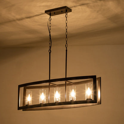 Lampadario lineare industriale moderno a 5 luci per sala da pranzo, lampadario cilindrico in vetro trasparente, luci per isola cucina