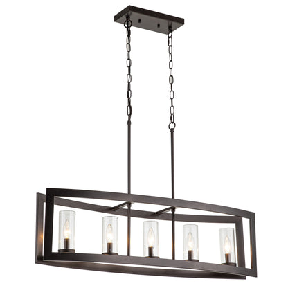 Lampadario lineare industriale moderno a 5 luci per sala da pranzo, lampadario cilindrico in vetro trasparente, luci per isola cucina