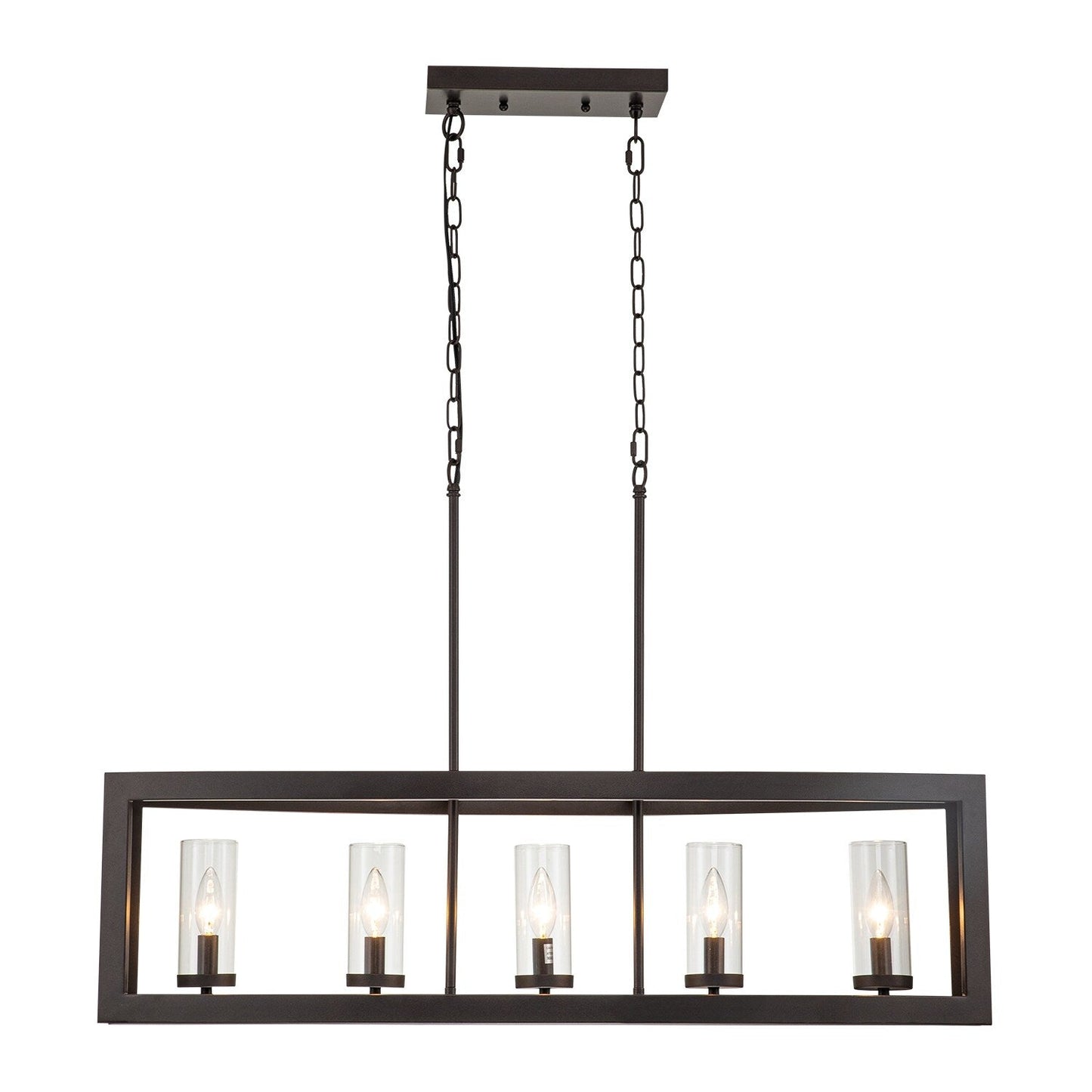 Lampadario lineare industriale moderno a 5 luci per sala da pranzo, lampadario cilindrico in vetro trasparente, luci per isola cucina