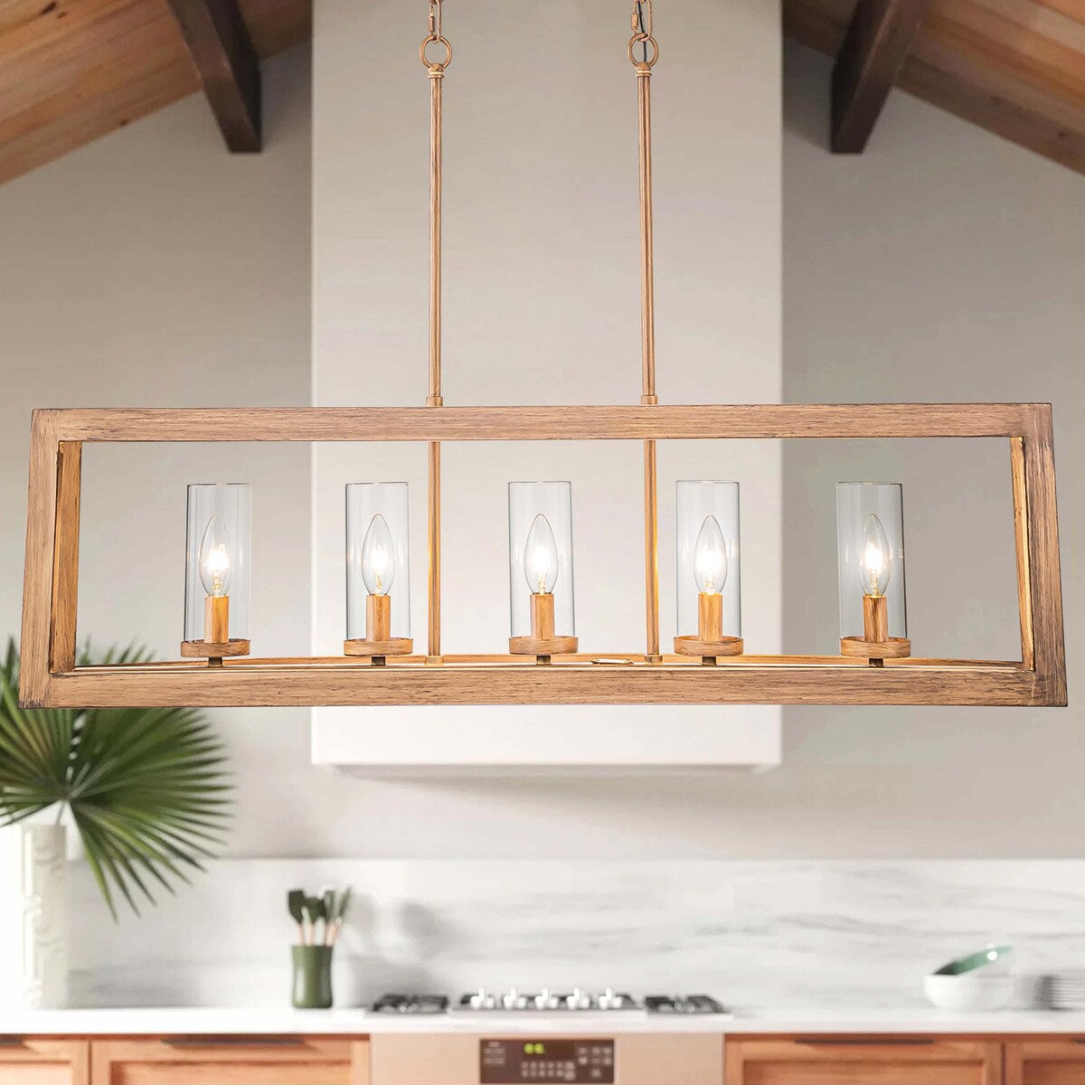 Lampadario rettangolare vintage in vetro a 5 luci, in stile industriale moderno di metà secolo, per isola da cucina