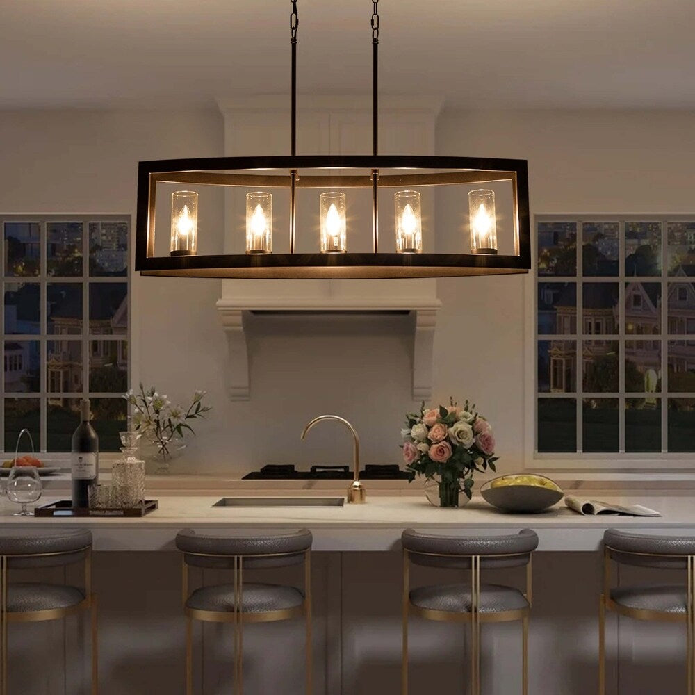 Lampadario rettangolare vintage in vetro a 5 luci, in stile industriale moderno di metà secolo, per isola da cucina