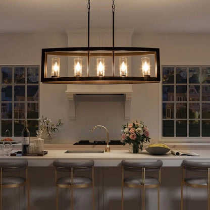 Lampadario rettangolare vintage in vetro a 5 luci, in stile industriale moderno di metà secolo, per isola da cucina