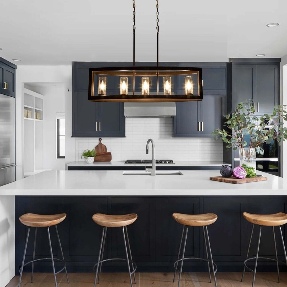 Lampadario rettangolare vintage in vetro a 5 luci, in stile industriale moderno di metà secolo, per isola da cucina