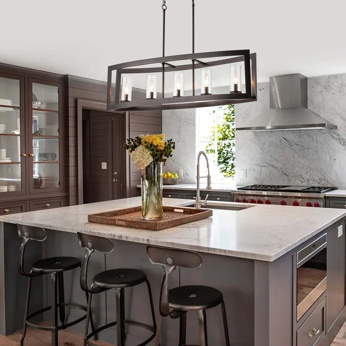 Lampadario rettangolare vintage in vetro a 5 luci, in stile industriale moderno di metà secolo, per isola da cucina