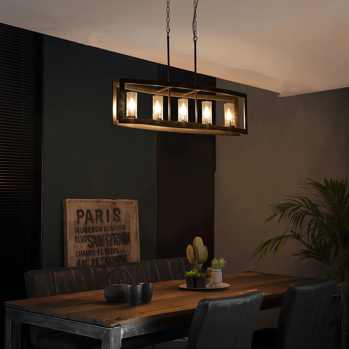 Lampadario rettangolare vintage in vetro a 5 luci, in stile industriale moderno di metà secolo, per isola da cucina