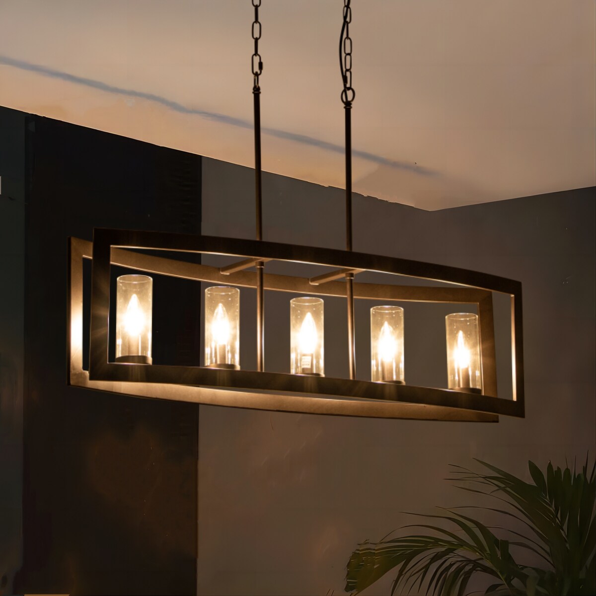 Lampadario rettangolare vintage in vetro a 5 luci, in stile industriale moderno di metà secolo, per isola da cucina