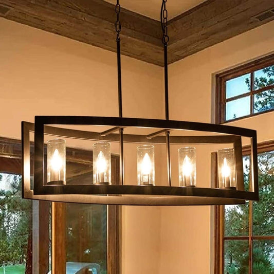 Lampadario rettangolare vintage in vetro a 5 luci, in stile industriale moderno di metà secolo, per isola da cucina