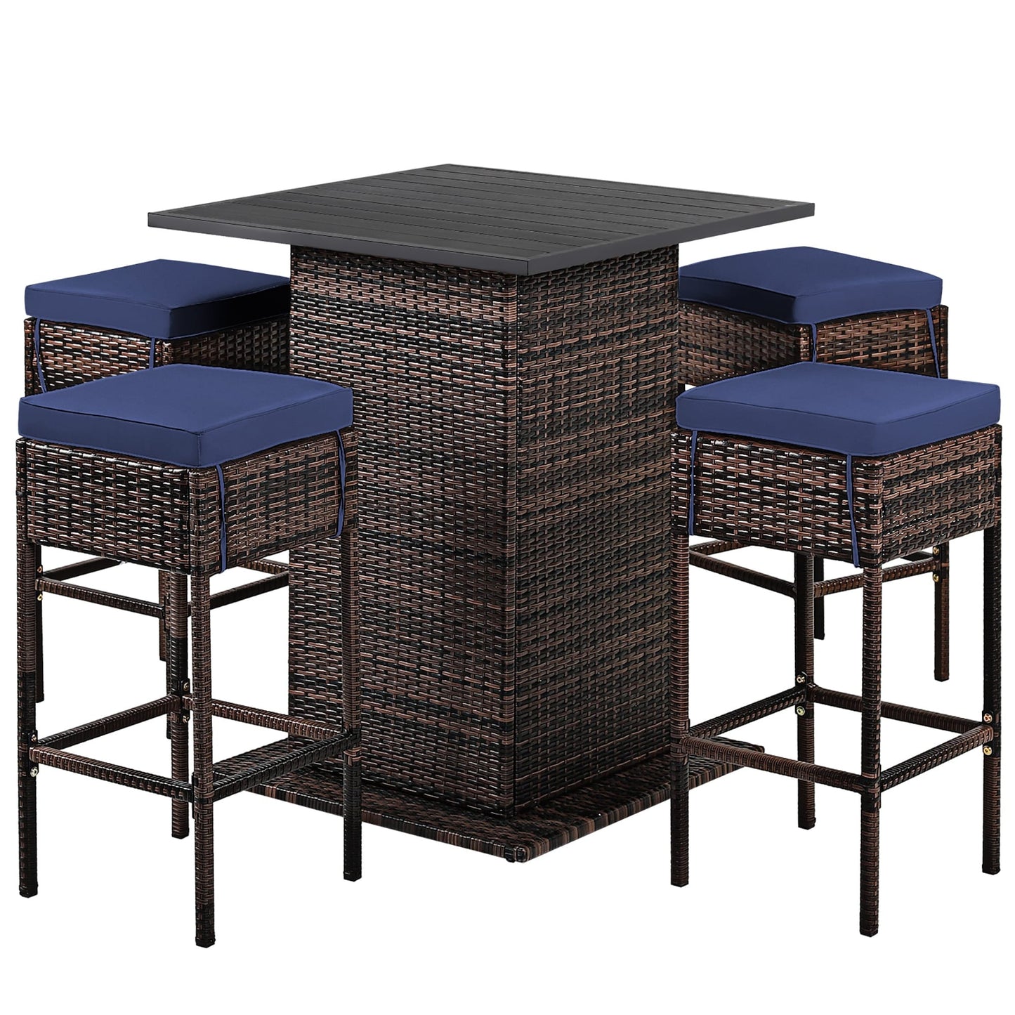 Set da bar per esterni in rattan da 5 pezzi, mobili da bar per patio con cuscini e sgabelli