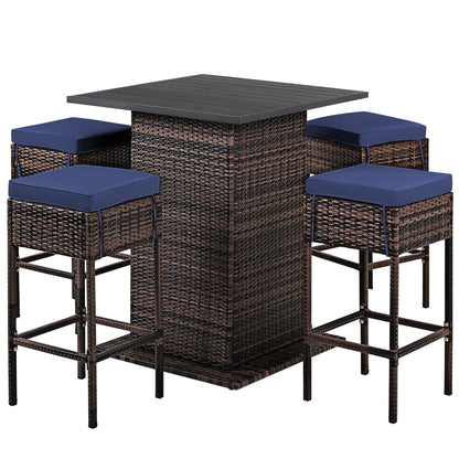Set da bar per esterni in rattan da 5 pezzi, mobili da bar per patio con cuscini e sgabelli