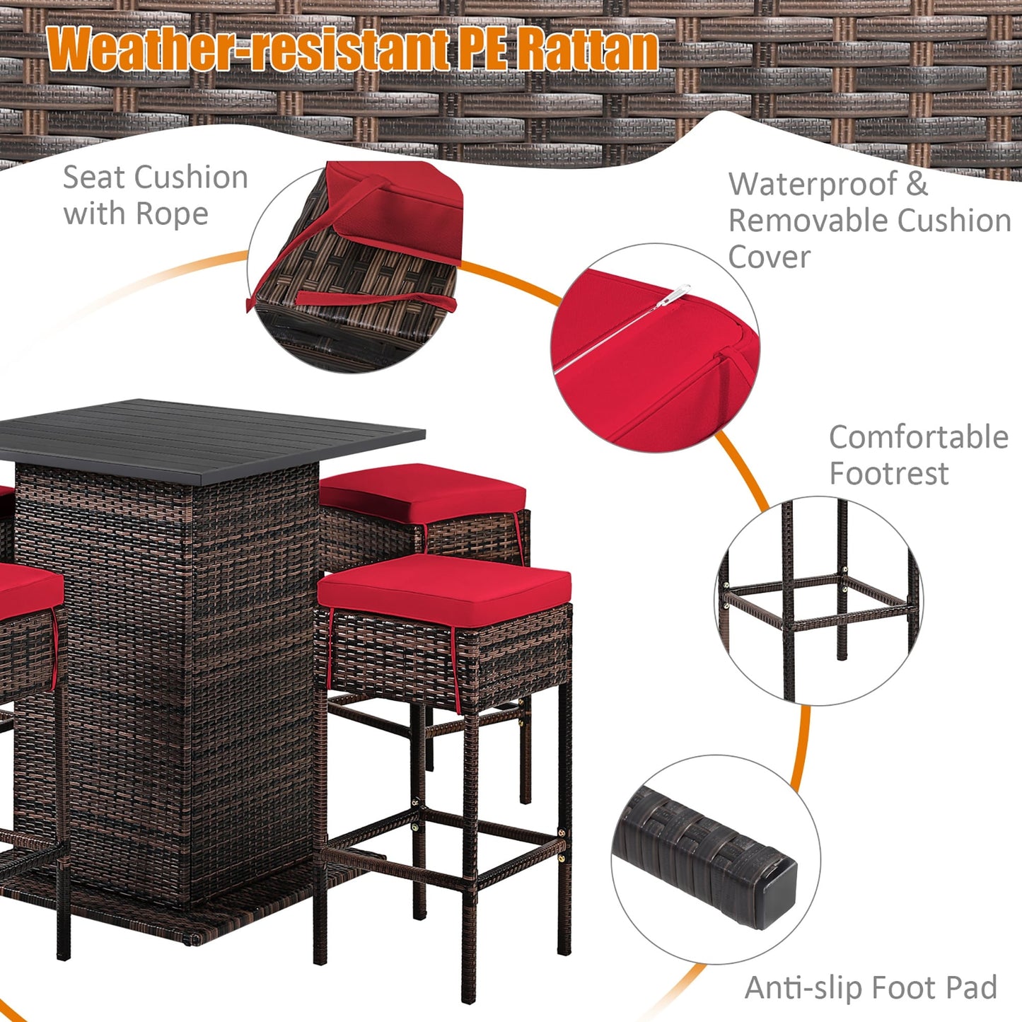 Set da bar per esterni in rattan da 5 pezzi, mobili da bar per patio con cuscini e sgabelli