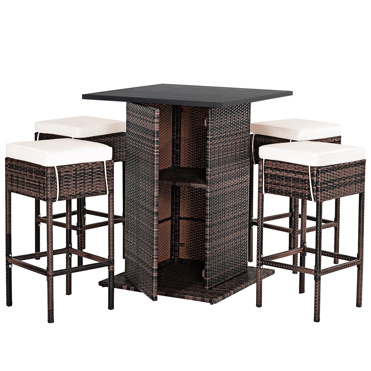 Set da bar per esterni in rattan da 5 pezzi, mobili da bar per patio con cuscini e sgabelli