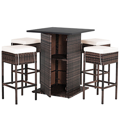 Set da bar per esterni in rattan da 5 pezzi, mobili da bar per patio con cuscini e sgabelli