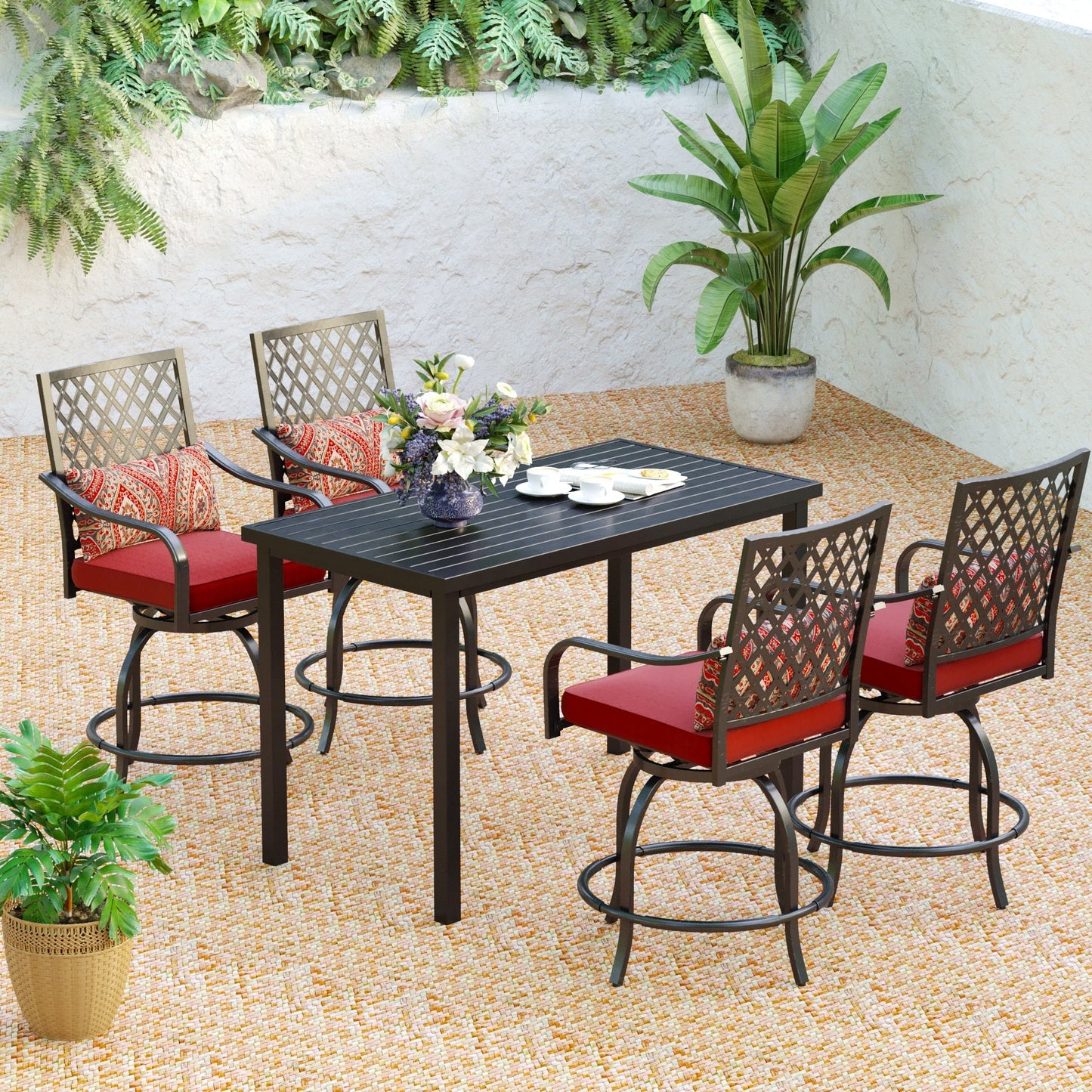Set da pranzo da bar da 5 pezzi, 4 sedie da bar girevoli in rattan o 4 in metallo e 1 tavolo da bar rettangolare in metallo
