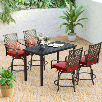 Set da pranzo da bar da 5 pezzi, 4 sedie da bar girevoli in rattan o 4 in metallo e 1 tavolo da bar rettangolare in metallo