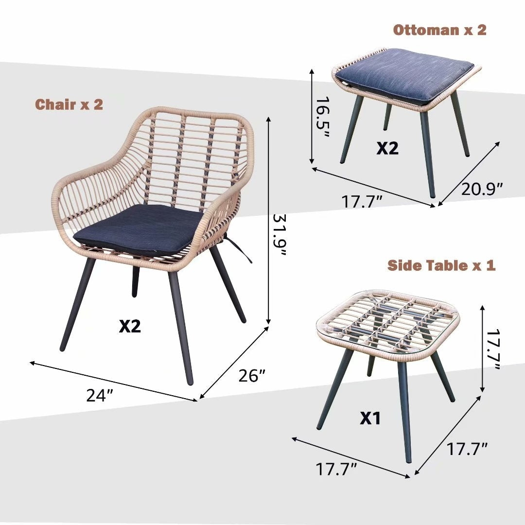 Set da conversazione imbottito in vimini da esterno da 5 pezzi