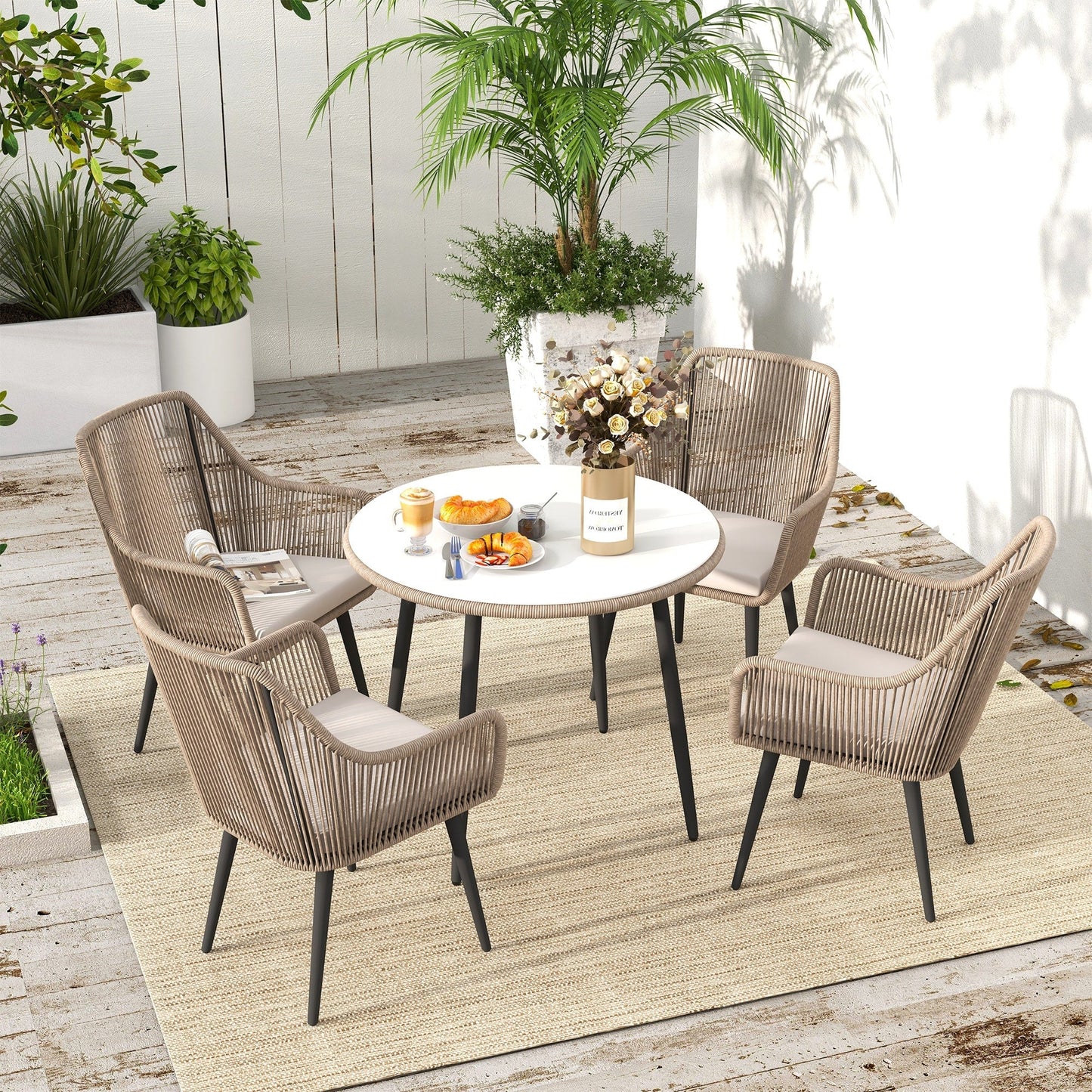 Set da pranzo in vimini per patio esterno da 5 pezzi