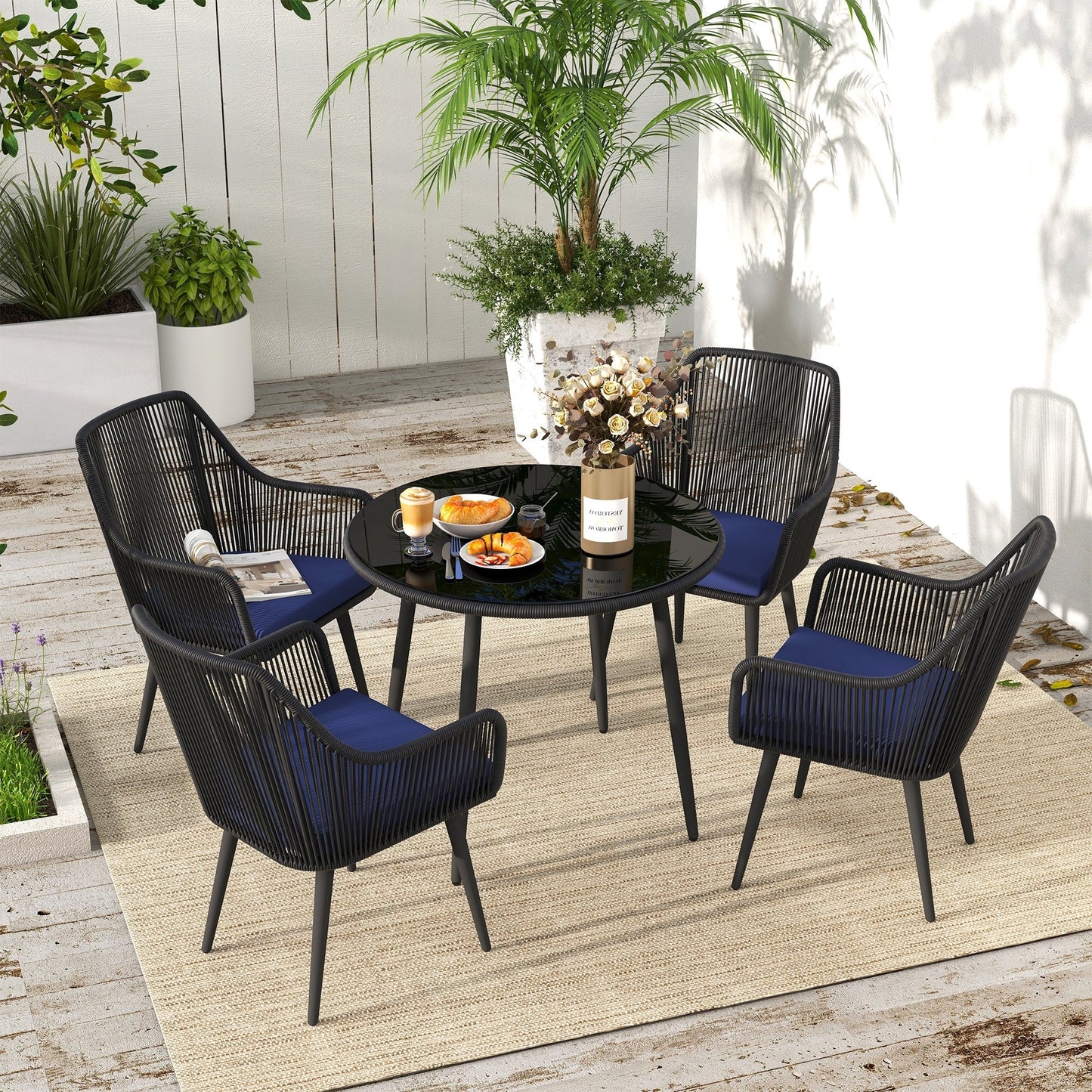 Set da pranzo in vimini per patio esterno da 5 pezzi