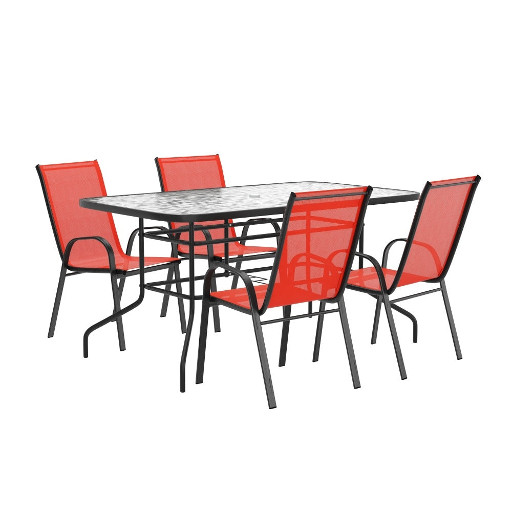 Set da pranzo da giardino da 5 pezzi: tavolo in vetro, 4 sedie impilabili flessibili