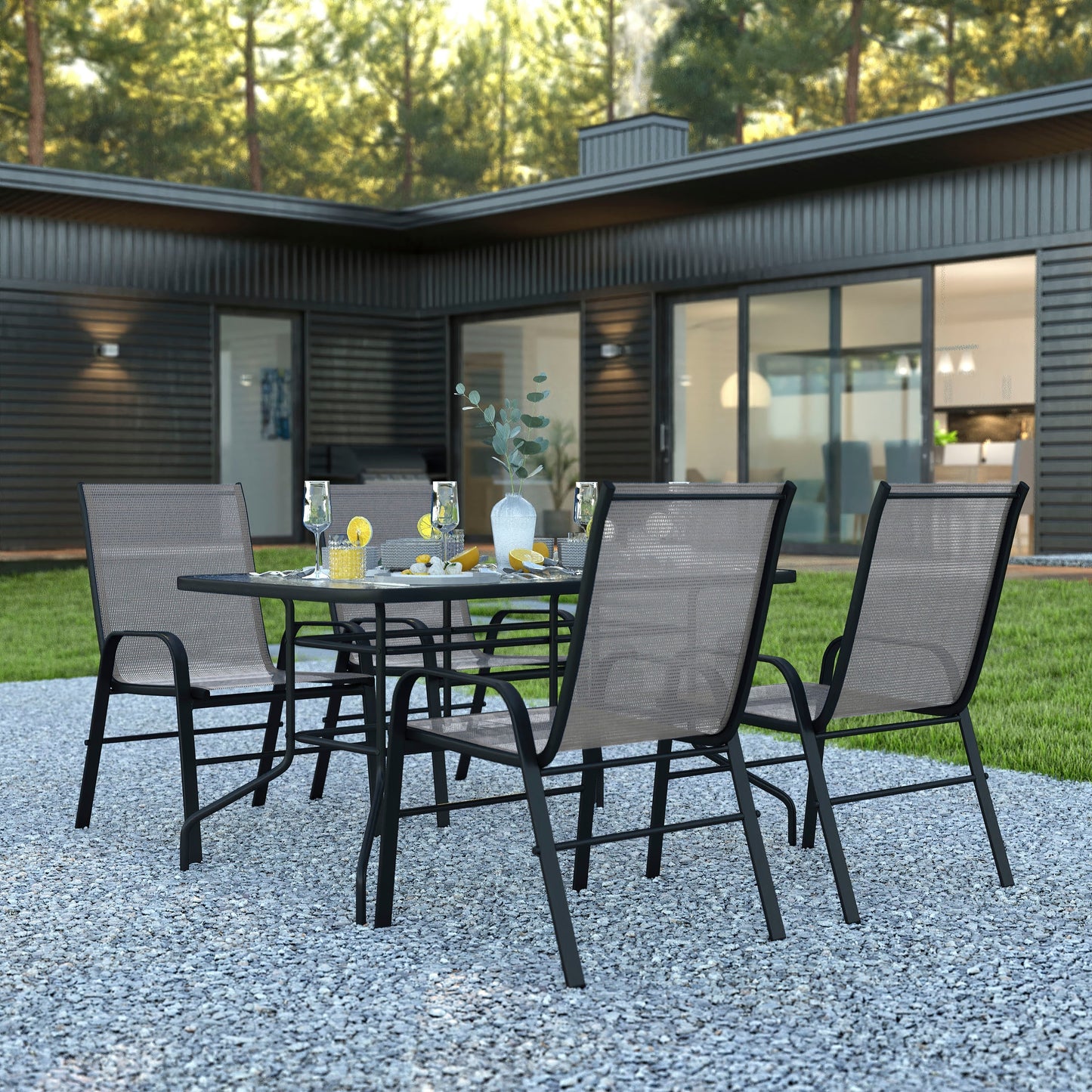 Set da pranzo da giardino da 5 pezzi: tavolo in vetro, 4 sedie impilabili flessibili