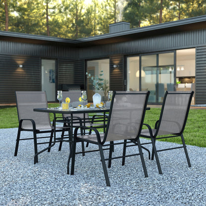 Set da pranzo da giardino da 5 pezzi: tavolo in vetro, 4 sedie impilabili flessibili