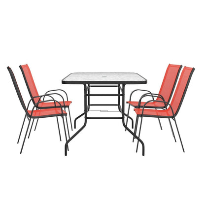 Set da pranzo da giardino da 5 pezzi: tavolo in vetro, 4 sedie impilabili flessibili