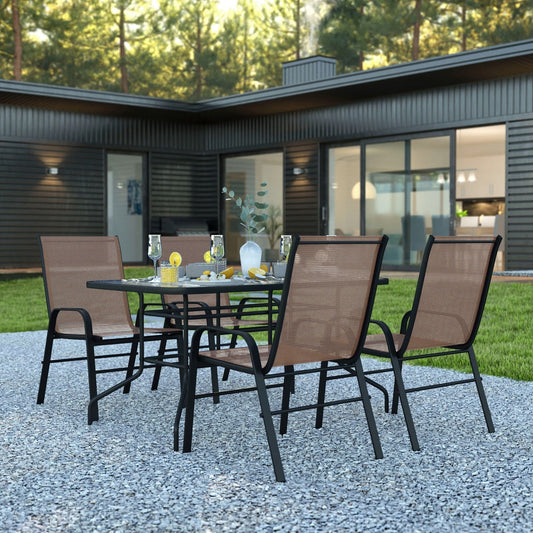 Set da pranzo da giardino da 5 pezzi: tavolo in vetro, 4 sedie impilabili flessibili