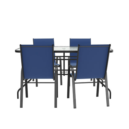 Set da pranzo da giardino da 5 pezzi: tavolo in vetro, 4 sedie impilabili flessibili