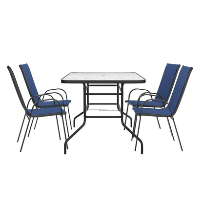 Set da pranzo da giardino da 5 pezzi: tavolo in vetro, 4 sedie impilabili flessibili