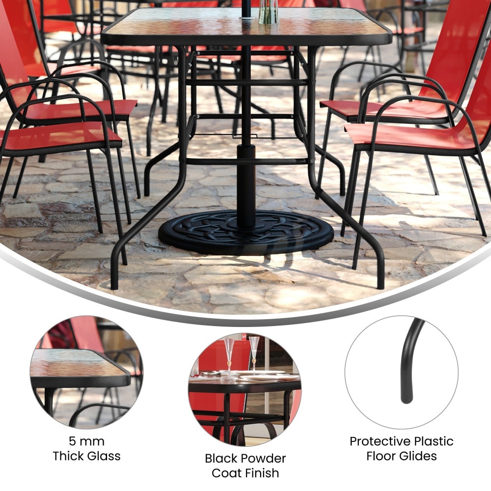 Set da pranzo da giardino da 5 pezzi: tavolo in vetro, 4 sedie impilabili flessibili