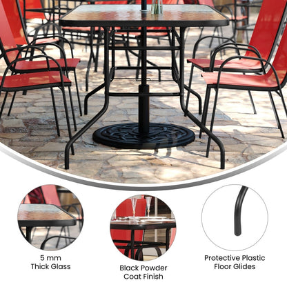 Set da pranzo da giardino da 5 pezzi: tavolo in vetro, 4 sedie impilabili flessibili