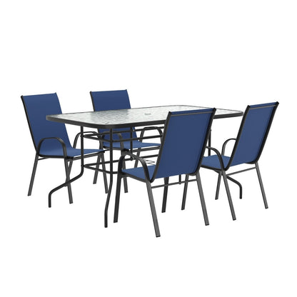 Set da pranzo da giardino da 5 pezzi: tavolo in vetro, 4 sedie impilabili flessibili