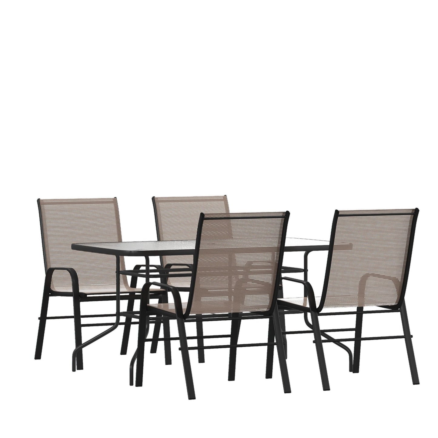 Set da pranzo da giardino da 5 pezzi: tavolo in vetro, 4 sedie impilabili flessibili