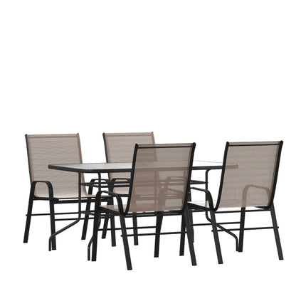 Set da pranzo da giardino da 5 pezzi: tavolo in vetro, 4 sedie impilabili flessibili