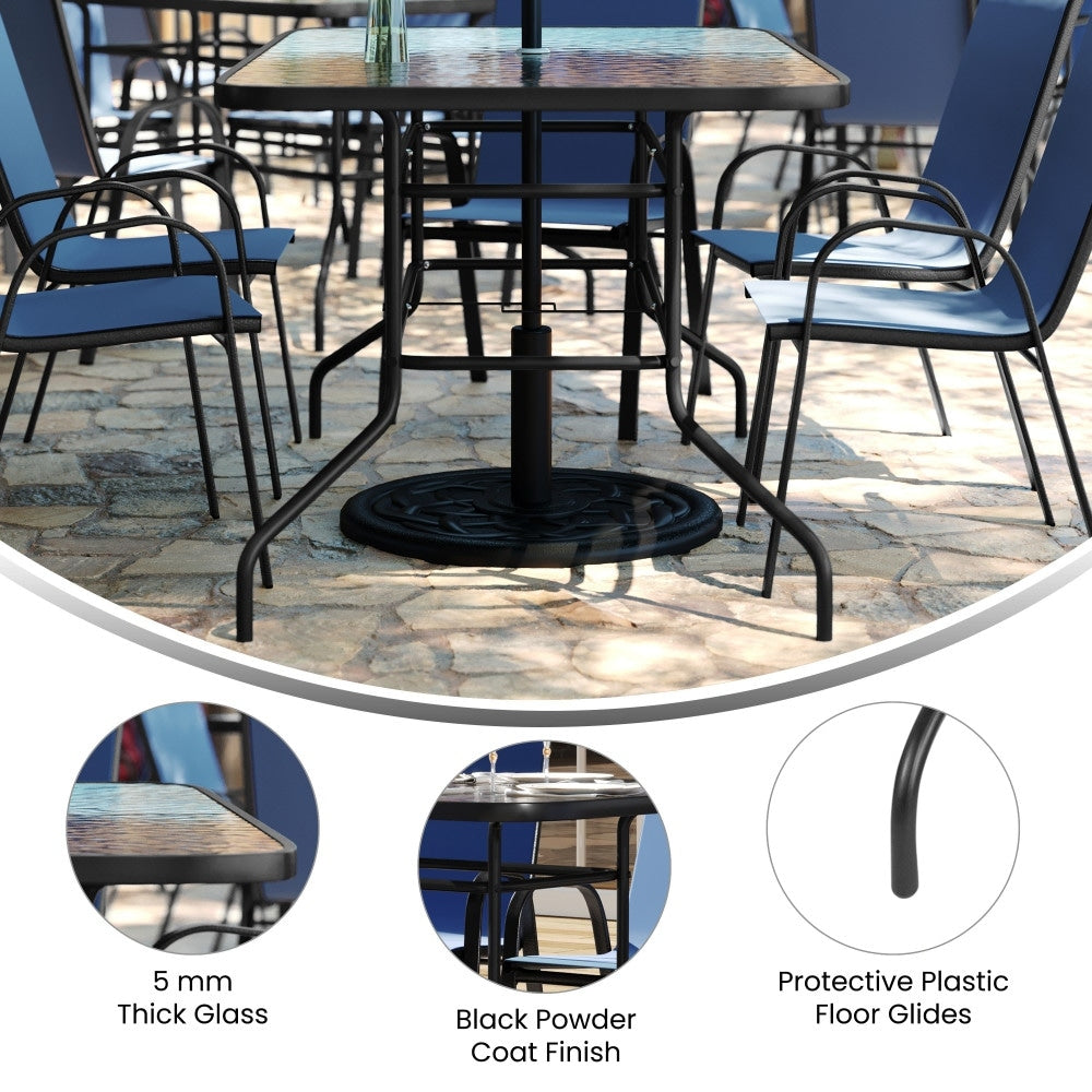 Set da pranzo da giardino da 5 pezzi: tavolo in vetro, 4 sedie impilabili flessibili