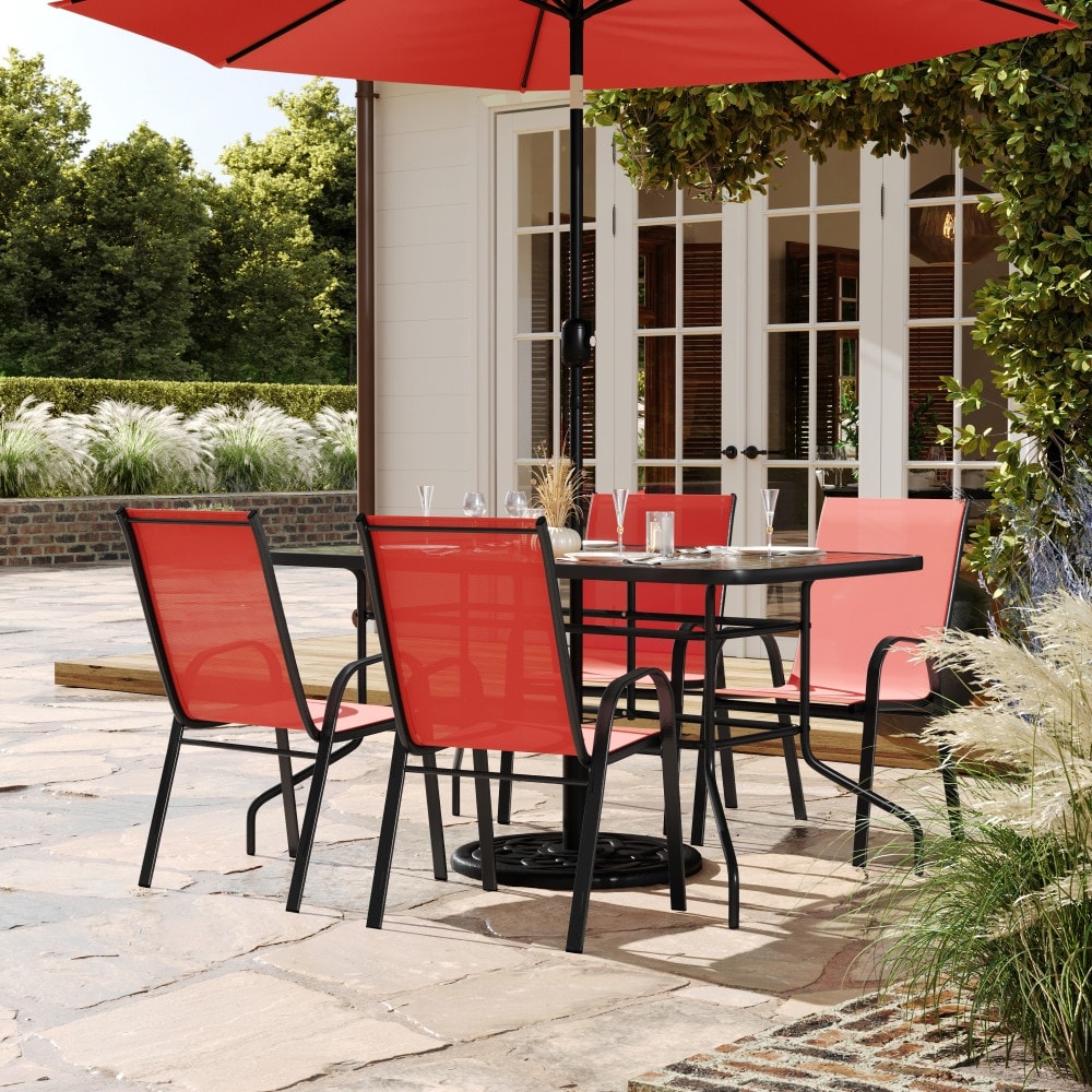 Set da pranzo da giardino da 5 pezzi: tavolo in vetro, 4 sedie impilabili flessibili