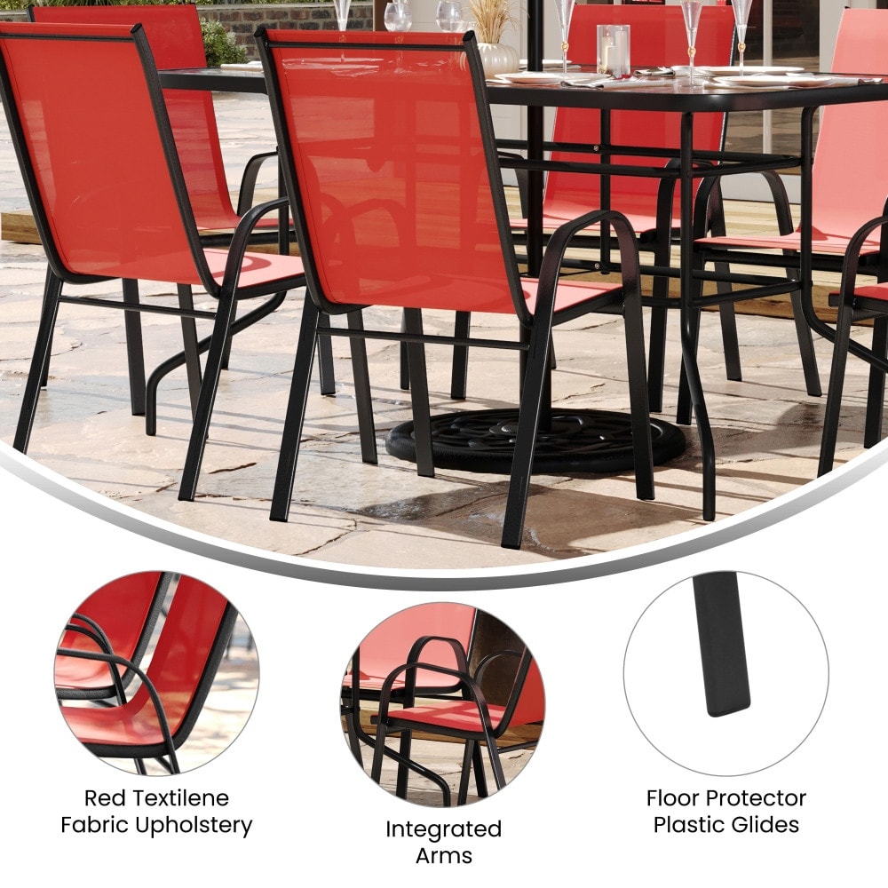 Set da pranzo da giardino da 5 pezzi: tavolo in vetro, 4 sedie impilabili flessibili