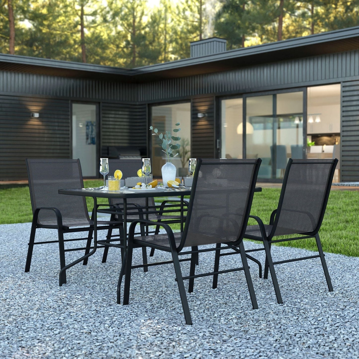 Set da pranzo da giardino da 5 pezzi: tavolo in vetro, 4 sedie impilabili flessibili
