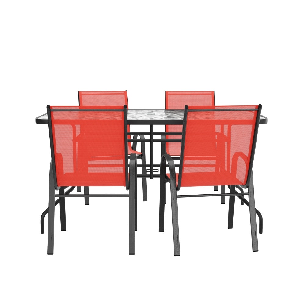 Set da pranzo da giardino da 5 pezzi: tavolo in vetro, 4 sedie impilabili flessibili