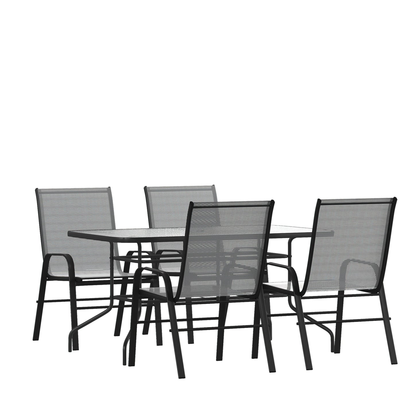 Set da pranzo da giardino da 5 pezzi: tavolo in vetro, 4 sedie impilabili flessibili