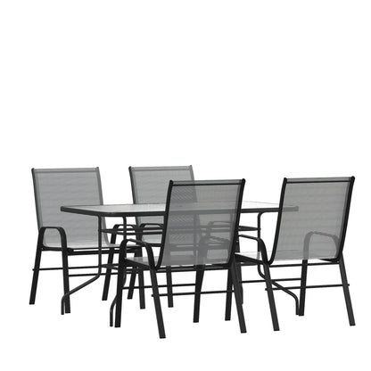 Set da pranzo da giardino da 5 pezzi: tavolo in vetro, 4 sedie impilabili flessibili