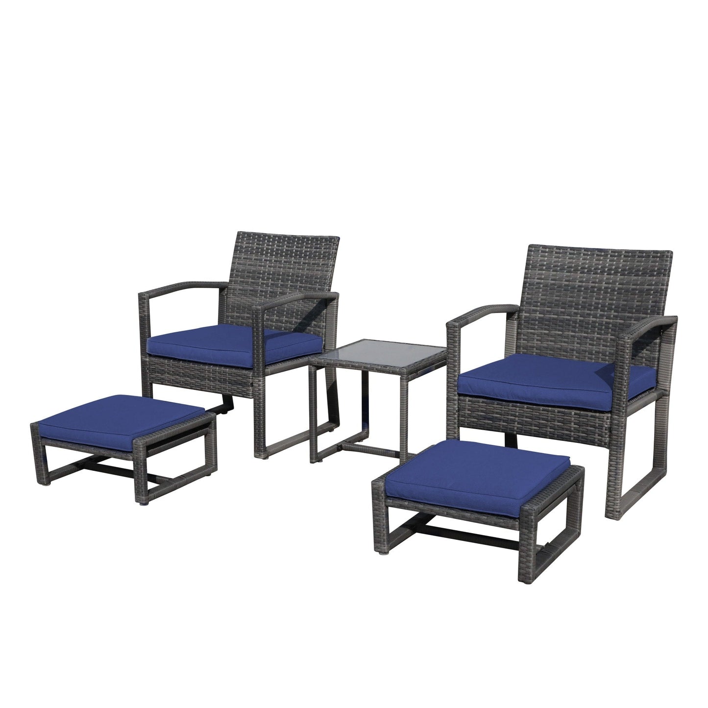 Set da giardino in vimini da 5 pezzi con poltrone, pouf e tavolino laterale