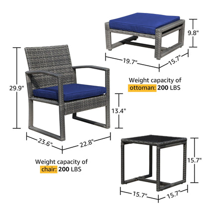 Set da giardino in vimini da 5 pezzi con poltrone, pouf e tavolino laterale