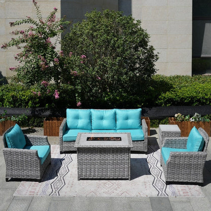 Set di divani da giardino in vimini da 5 pezzi con tavolo con braciere e copertura antipioggia